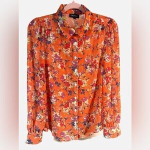 ModCloth Be Buzzworthy Orange‎ Floral Button Up Sheer Blouse